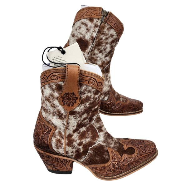 Myra Bag Shoes - MYRA BAG Georgia Trails Brown & White Hair-On Hide Short Cowboy Boots 6-11 New